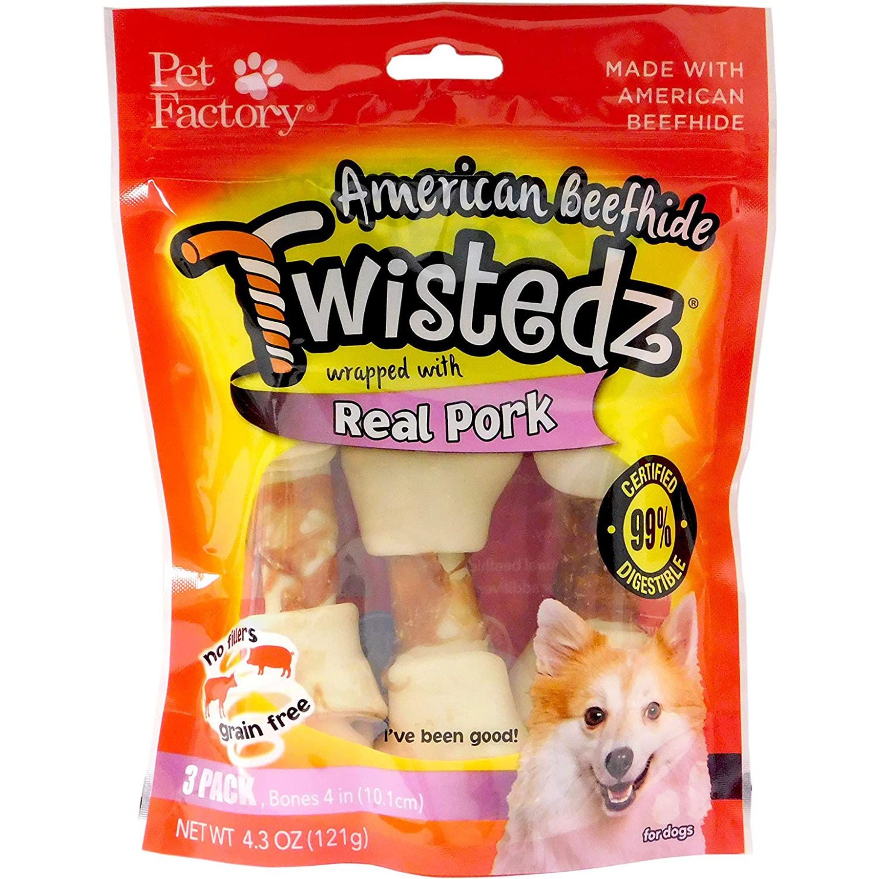 Pet Factory Twistedz 4 to 5-inch Beefhide Bones with Pork Flavored Wrap Dog Hard Chews, 3 count