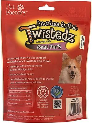 Show full view: Pet Factory Twistedz 4 to 5-inch Beefhide Bones with Pork Flavored Wrap Dog Hard Chews, 3 count slide 3 of 4