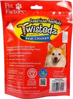 Show full view: Pet Factory Twistedz 5-inch Beefhide Chicken Flavored Twist Sticks Dog Hard Chews, 20 count slide 3 of 4