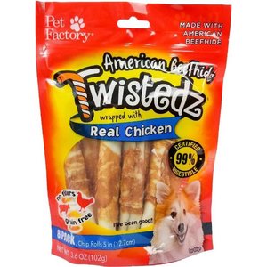 Pet Factory Twistedz 5-inch Beefhide Chip Rolls Chicken Flavored Wrap Dog Hard Chews, 8 count