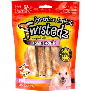 Pet Factory Twistedz 5-inch Beefhide Chip Rolls Pork Flavored Wrap Dog Hard Chews, 8 count