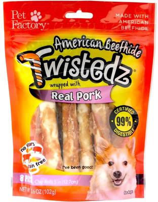 Show full view: Pet Factory Twistedz 5-inch Beefhide Chip Rolls Pork Flavored Wrap Dog Hard Chews, 8 count slide 1 of 4