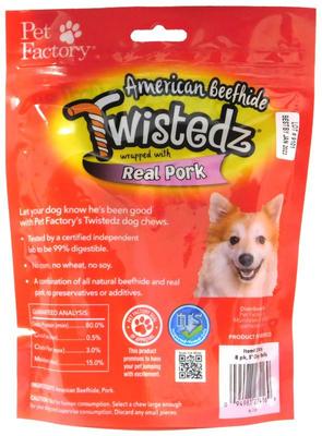 Show full view: Pet Factory Twistedz 5-inch Beefhide Chip Rolls Pork Flavored Wrap Dog Hard Chews, 8 count slide 3 of 4