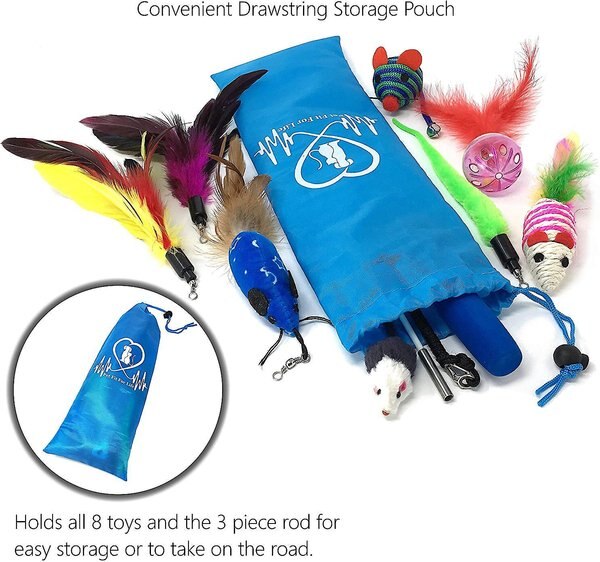 Pet Fit For Life Interactive Wand Teaser, Toys & Storage bag 8 Piece Bundle Cat Toy