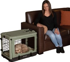 Pet Gear The Other Door Double Door Collapsible Wire Dog Crate & Plush Pad, Sage, 27 inch