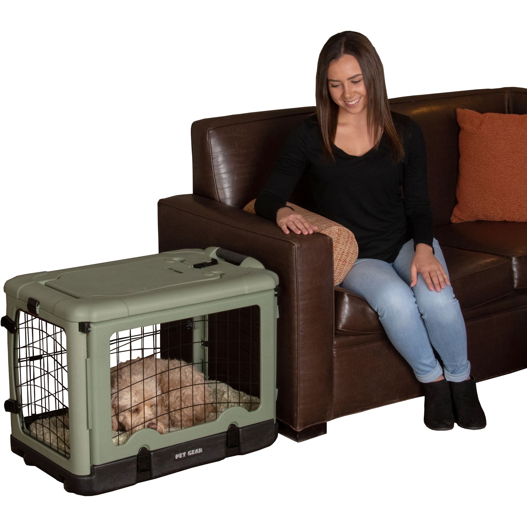 Pet Gear The Other Door Double Door Collapsible Wire Dog Crate & Plush Pad, Sage, 27 inch