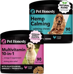 Pet Honesty 10-for-1 Multivitamin with Glucosamine Snacks Soft Chews Dog Supplement, 90 count & Pet Honesty Hemp Calming Anxiety & Hyperactivity Soft Chews Dog Supplement, 90 count