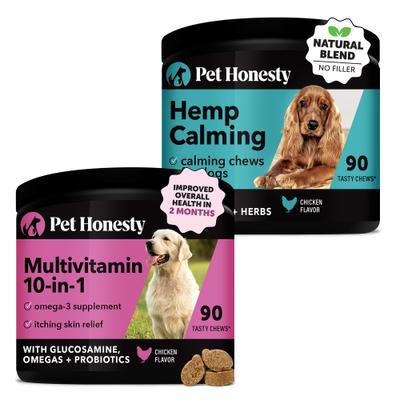Show full view: Pet Honesty 10-for-1 Multivitamin with Glucosamine Snacks Soft Chews Dog Supplement, 90 count & Pet Honesty Hemp Calming Anxiety & Hyperactivity Soft Chews Dog Supplement, 90 count slide 1 of 10