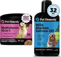 Pet Honesty 10-for-1 Multivitamin with Glucosamine Soft Chews Dog Supplement, 90 count + Pet Honesty Wild Alaskan Salmon Oil Dog & Cat Supplement, 32-oz bottle