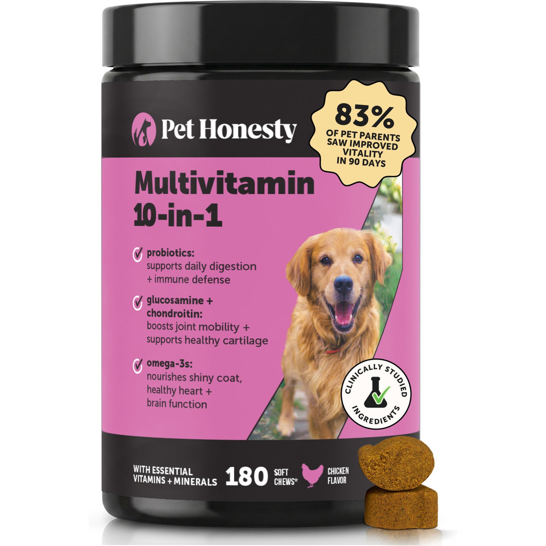 Pet Honesty 10-in-1 Multivitamin with Probiotics, Glucosamine & Omega-3 Chicken Flavored Soft Chews Vitamins & Supplements for Dogs, 180 count