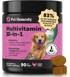 Pet Honesty 10-in-1 Multivitamin with Probiotics, Glucosamine & Omega-3 Chicken Flavored Soft Chews Vitamins & Supplements for Dogs, 90 count