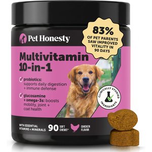 Pet Honesty 10-in-1 Multivitamin with Probiotics, Glucosamine & Omega-3 Chicken Flavored Soft Chews Vitamins & Supplements for Dogs, 90 count