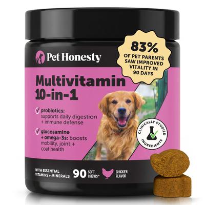 Show full view: Pet Honesty 10-in-1 Multivitamin with Probiotics, Glucosamine & Omega-3 Chicken Flavored Soft Chews Vitamins & Supplements for Dogs, 90 count slide 1 of 12