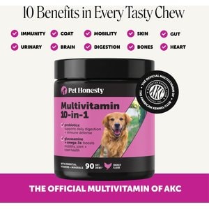 Pet Honesty 10-in-1 Multivitamin with Probiotics, Glucosamine & Omega-3 Chicken Flavored Soft Chews Vitamins & Supplements for Dogs, 90 count