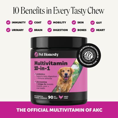 Show full view: Pet Honesty 10-in-1 Multivitamin with Probiotics, Glucosamine & Omega-3 Chicken Flavored Soft Chews Vitamins & Supplements for Dogs, 90 count slide 4 of 12