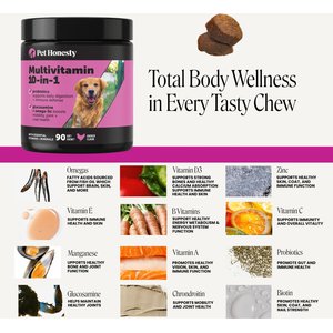 Pet Honesty 10-in-1 Multivitamin with Probiotics, Glucosamine & Omega-3 Chicken Flavored Soft Chews Vitamins & Supplements for Dogs, 90 count