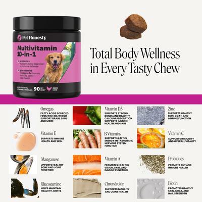 Show full view: Pet Honesty 10-in-1 Multivitamin with Probiotics, Glucosamine & Omega-3 Chicken Flavored Soft Chews Vitamins & Supplements for Dogs, 90 count slide 5 of 12