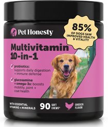 Pet Honesty 10-in-1 Multivitamin with Probiotics, Glucosamine & Omega-3 Chicken Flavored Soft Chews Vitamins & Supplements for Dogs, 90 count