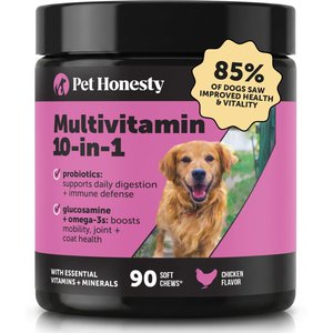 Pet Honesty 10-in-1 Multivitamin with Probiotics, Glucosamine & Omega-3 Chicken Flavored Soft Chews Vitamins & Supplements for Dogs, 90 count
