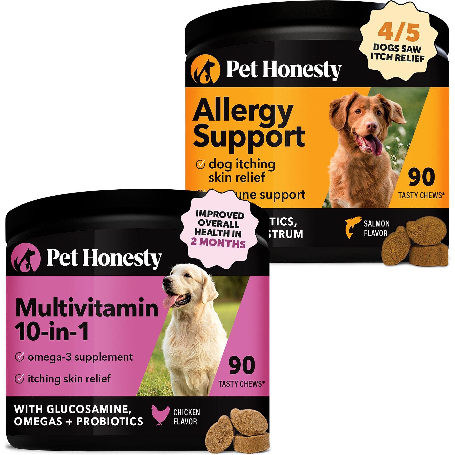 Pet Honesty Allergy Relief Snacks Immunity Strength & Digestive Health Soft Chews Dog Supplement, 90 count & Pet Honesty 10-for-1 Multivitamin with Glucosamine Snacks Soft Chews Dog Supplement, 90 count