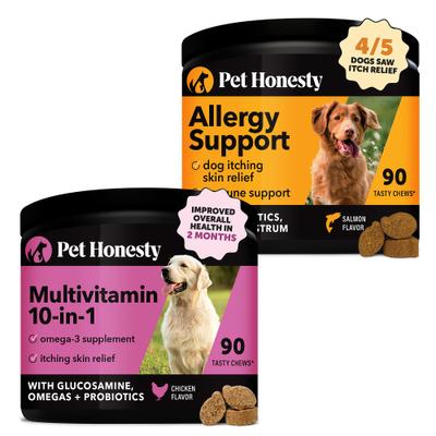 Show full view: Pet Honesty Allergy Relief Snacks Immunity Strength & Digestive Health Soft Chews Dog Supplement, 90 count & Pet Honesty 10-for-1 Multivitamin with Glucosamine Snacks Soft Chews Dog Supplement, 90 count slide 1 of 10