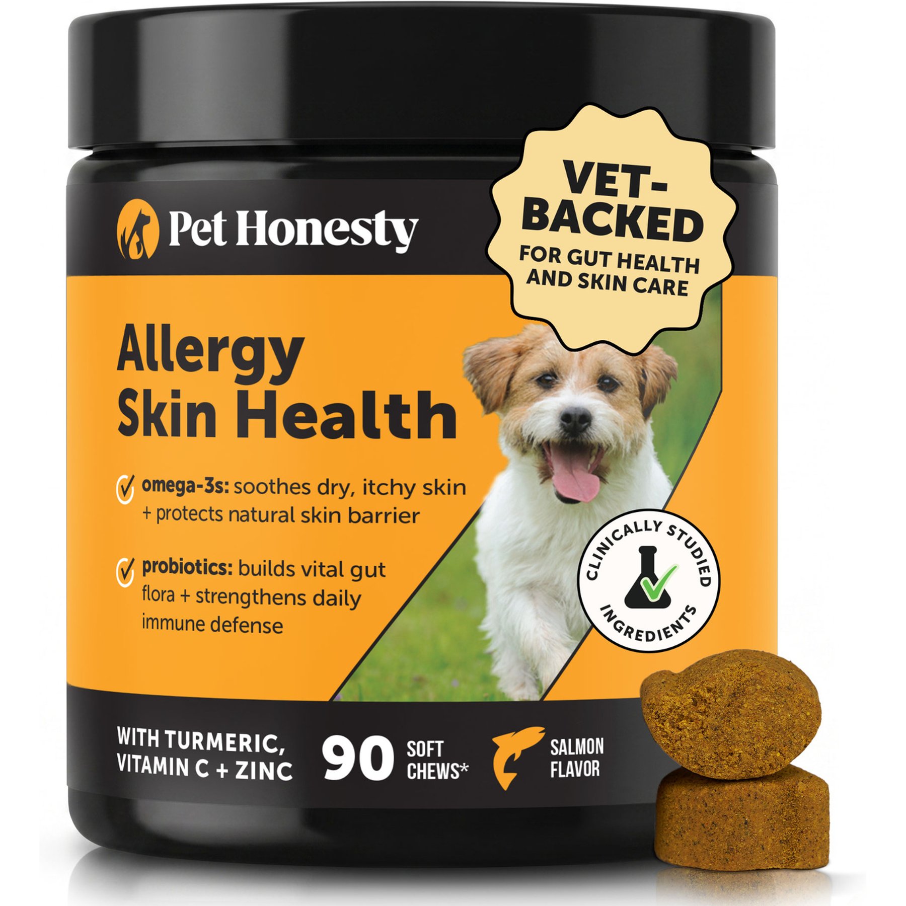 Pet Honesty Allergy Skin Health Salmon Flavored Allergy & Itch Relief, Omega-3 Supplement for Dogs, 90 count
