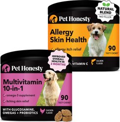 Pet Honesty Allergy Skin Health Salmon Flavored Soft Chews Skin & Coat Supplement + 10-for-1 Chicken Flavored Soft Chews Multivitamin for Dogs