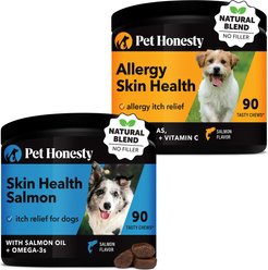 Pet Honesty Allergy SkinHealth & Flaxseed, Omegas & Probiotics Dog Supplement, 90 count + Pet Honesty Salmon SkinHealth Snacks Skin & Coat Soft Chews Dog Supplement, 90 count