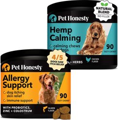 Pet Honesty Allergy Support Immunity Strength & Digestive Health + Hemp Calming Anxiety & Hyperactivity Soft Chews Dog Supplement
