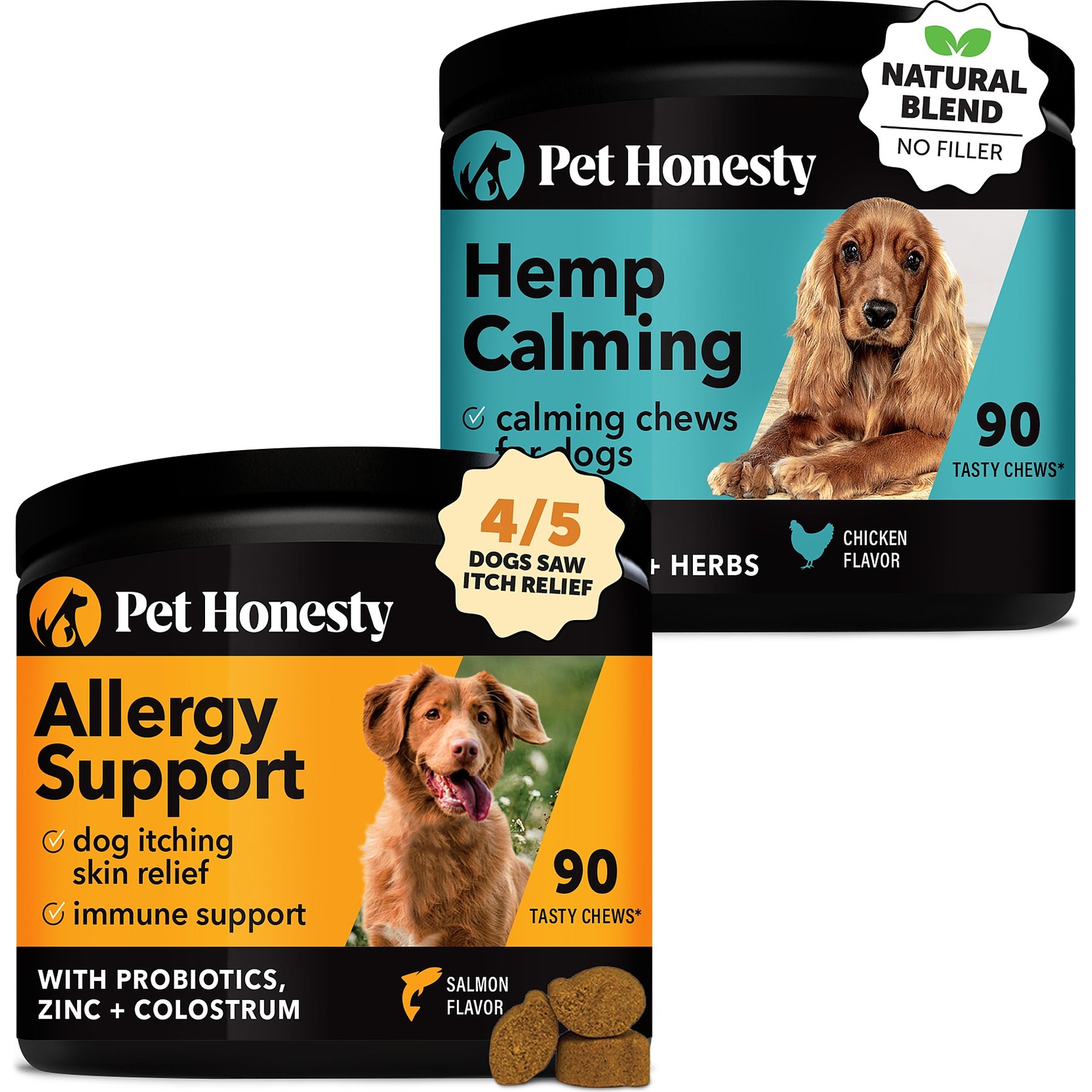 Pet Honesty Allergy Support Immunity Strength & Digestive Health + Hemp Calming Anxiety & Hyperactivity Soft Chews Dog Supplement