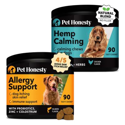 Show full view: Pet Honesty Allergy Support Immunity Strength & Digestive Health + Hemp Calming Anxiety & Hyperactivity Soft Chews Dog Supplement slide 1 of 9