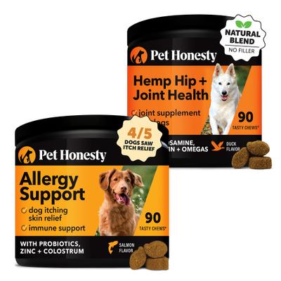Show full view: Pet Honesty Allergy Support Immunity Strength & Digestive Health + Hemp Mobility Snacks Hip + Joint Support Soft Chews Dog Supplement slide 1 of 9