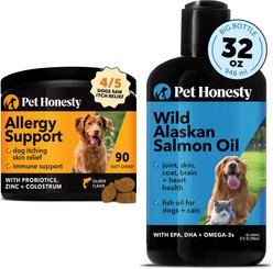 Pet Honesty Allergy Support Immunity Strength & Digestive Health Soft Chews + Wild Alaskan Salmon Oil Dog Supplement