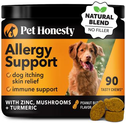Show full view: Pet Honesty Allergy Support Peanut Butter Flavored Colostrum & Turmeric Chews, Itchy Skin, Immune & Allergy Relief Supplement for Dogs, 90 count slide 1 of 13