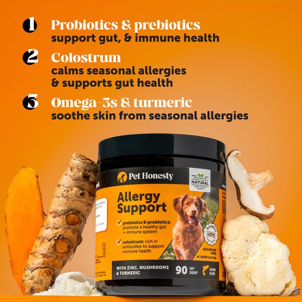 Show full view: Pet Honesty Allergy Support Peanut Butter Flavored Colostrum & Turmeric Chews, Itchy Skin, Immune & Allergy Relief Supplement for Dogs, 90 count slide 5 of 12