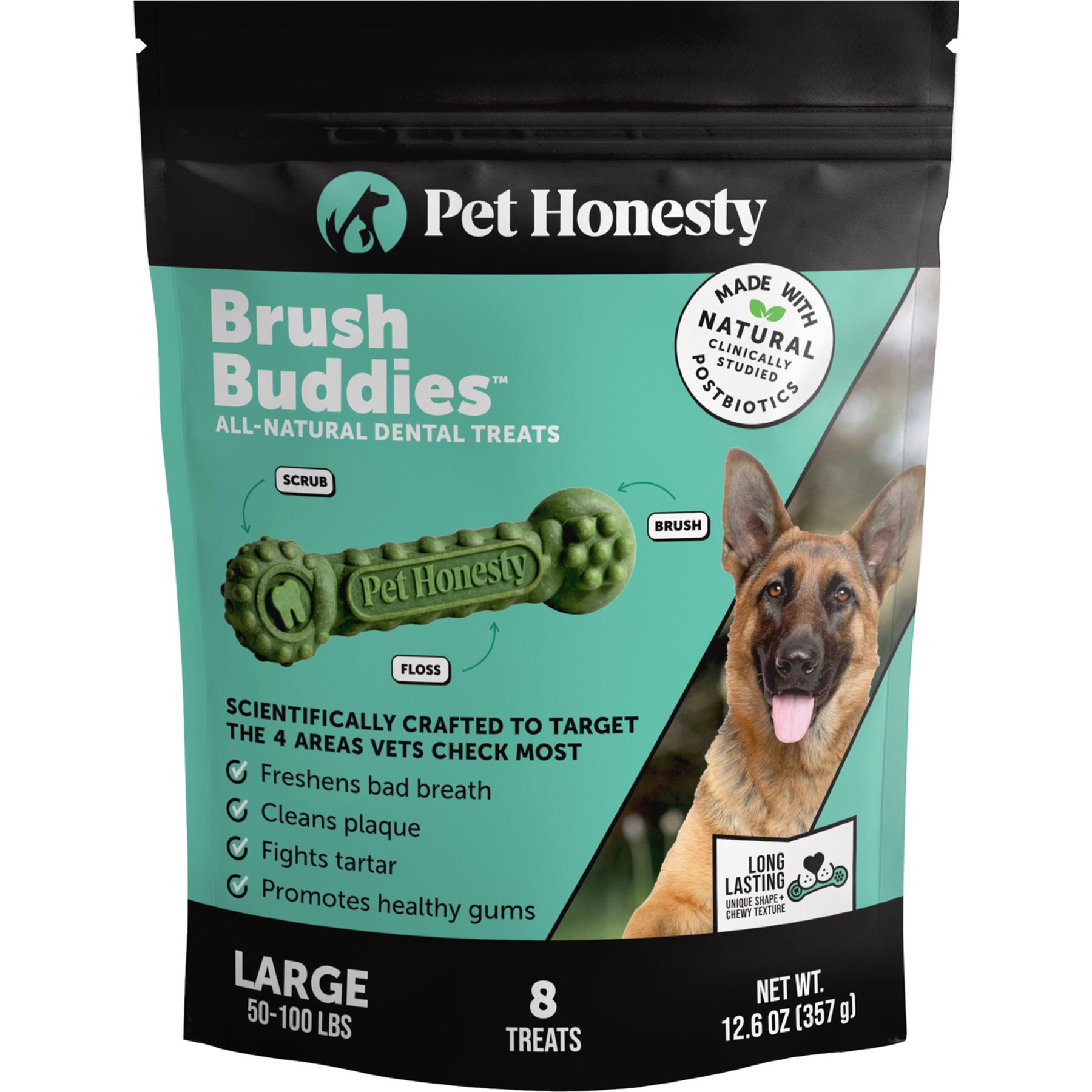 Pet Honesty Brush Buddies Large All-Natural Long Lasting Mint Dental Dog Treats, 24 count