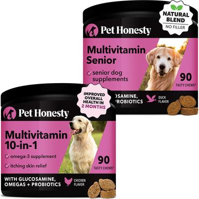 Show full view: Pet Honesty Duck Flavored Soft Chews Multivitamin for Senior Dogs + 10-for-1 Chicken Flavored Soft Chews Multivitamin slide 1 of 9