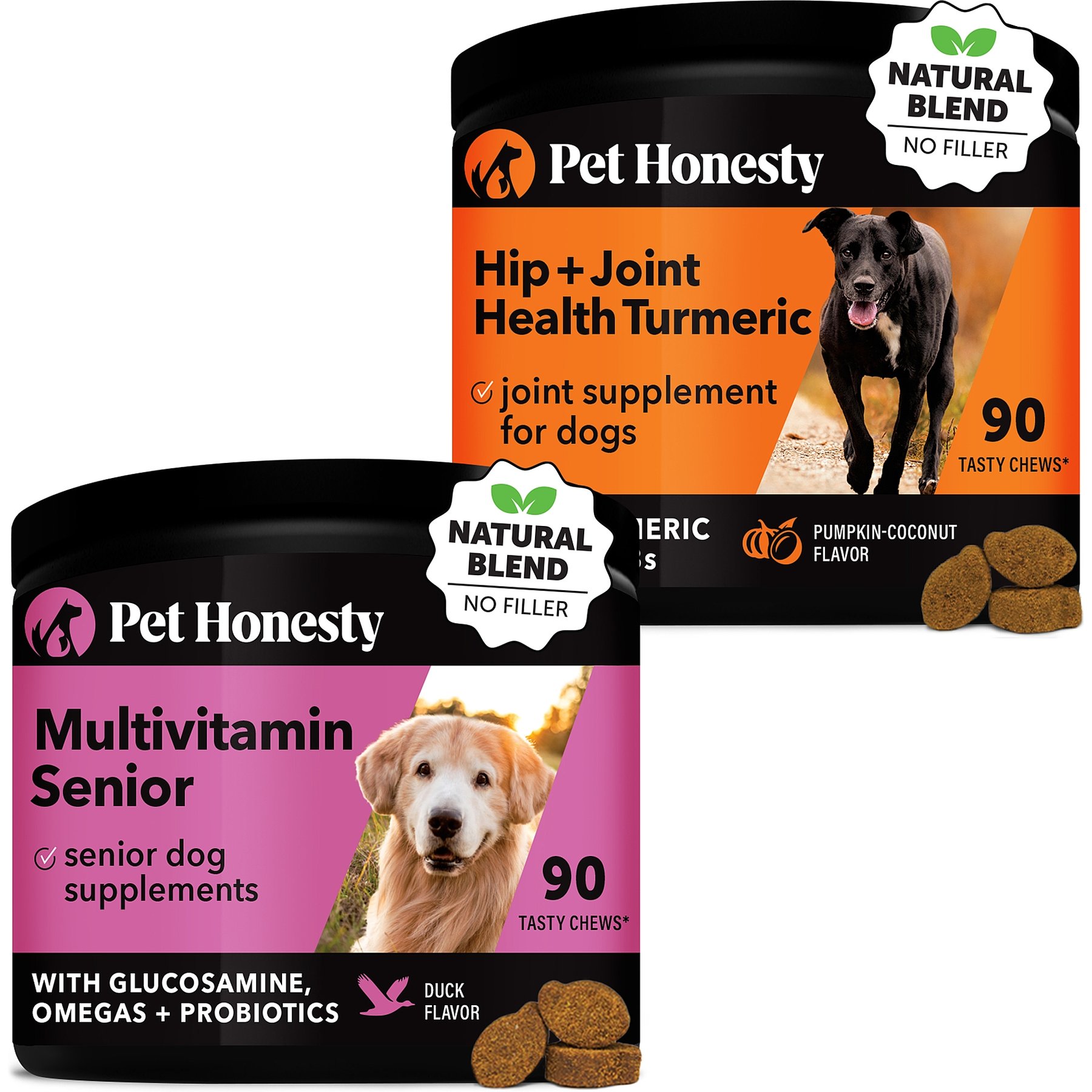 Pet Honesty Duck Flavored Soft Chews Multivitamin for Senior Dogs + Turmeric Joint Health Pumpkin & Coconut Flavored Soft Chews Joint Supplement