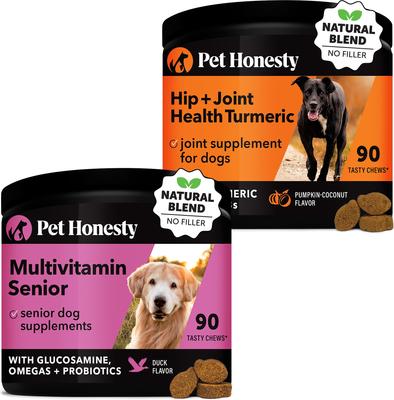 Show full view: Pet Honesty Duck Flavored Soft Chews Multivitamin for Senior Dogs + Turmeric Joint Health Pumpkin & Coconut Flavored Soft Chews Joint Supplement slide 1 of 9