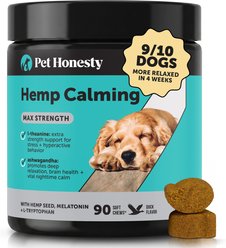 Pet Honesty Hemp Calming Max-Strength Duck Flavored Melatonin, Ashwaganda & L-Theanine Chews Calming & Anxiety Supplement for Dogs, 90-count