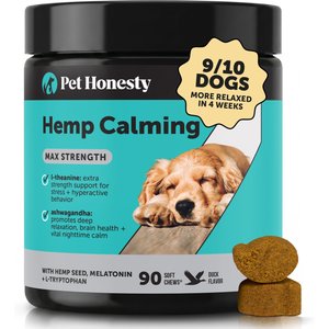 Pet Honesty Hemp Calming Max-Strength Duck Flavored Melatonin, Ashwaganda & L-Theanine Chews Calming & Anxiety Supplement for Dogs, 90-count