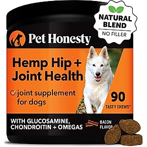 Pet Honesty Hemp Hip + Joint Health Bacon Soft Chews Glucosamine, Chondroitin Supplement for Dogs, 90 count