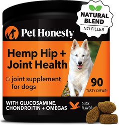 Pet Honesty Hemp Hip & Joint Health Mobility Support with Glucosamine, Chondroitin & Omegas Duck Flavored Soft Chews Joint Supplement for Dogs, 180 count bundle