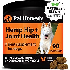 Pet Honesty Hemp Hip + Joint Health Duck Soft Chews Glucosamine, Chondroitin Supplement for Dogs, 90 count