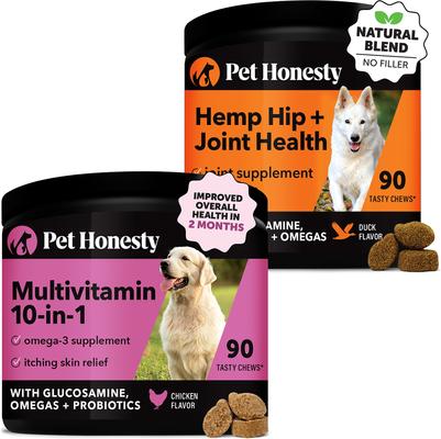 Show full view: Pet Honesty Hemp Mobility Duck Flavored Soft Chews Joint Supplement, 90 count + 10-for-1 Chicken Flavored Soft Chews Multivitamin for Dogs, 90 count slide 1 of 9