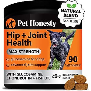 Pet Honesty Hip + Joint Health Max-Strength Hickory Bacon Flavor Glucosamine Supplement for Dogs, 90 count
