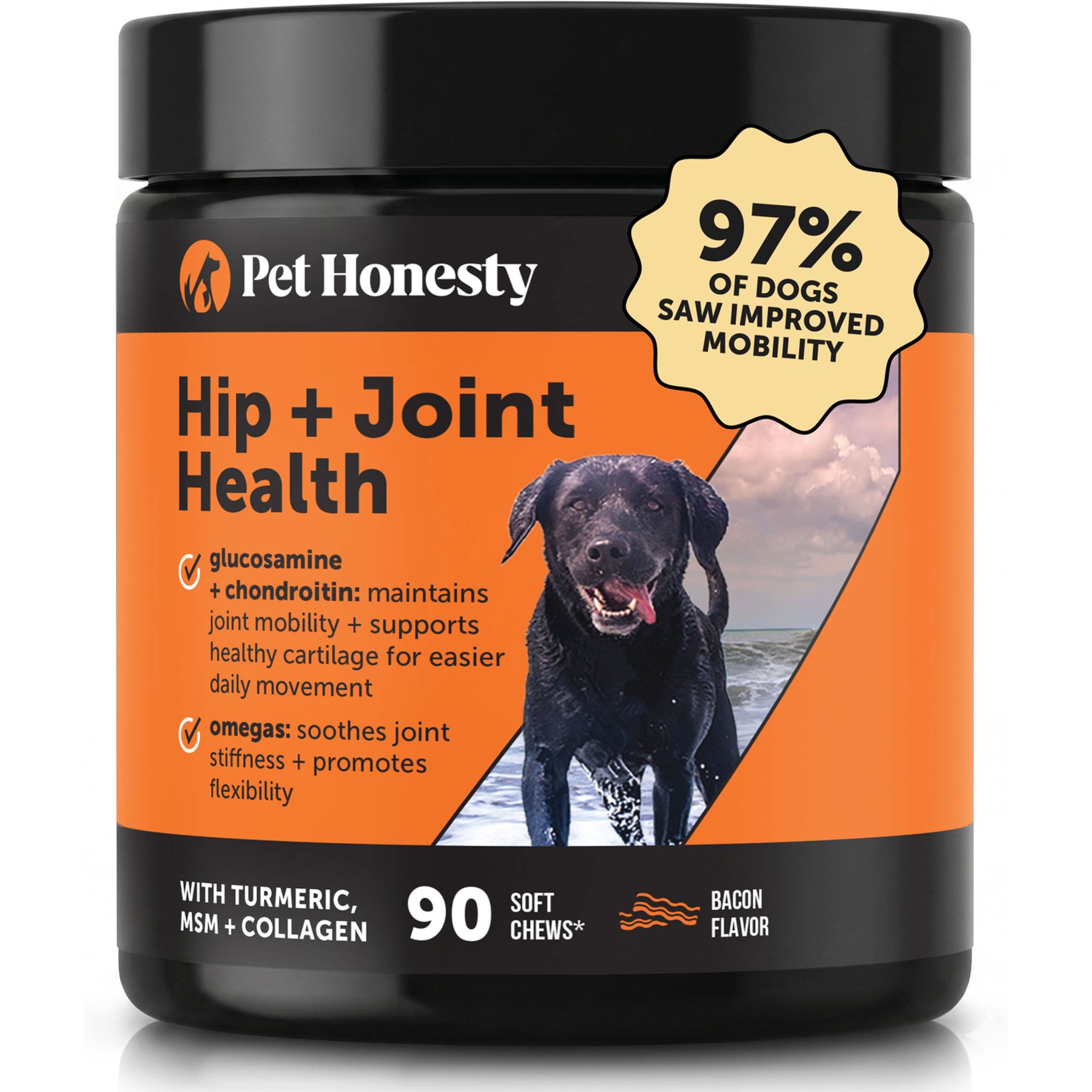 Pet Honesty Hip & Joint Health Mobility Support with Turmeric, MSM & Collagen Bacon Flavored Soft Chews Joint Supplement for Dogs, 90 count