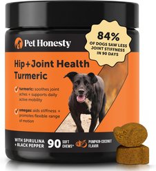 Pet Honesty Hip & Joint Health Turmeric Mobility Support with Glucosamine, Chondroitin & Omega-3s Pumpkin-Coconut Flavored Soft Chews Joint Supplement for Dogs, 90 count