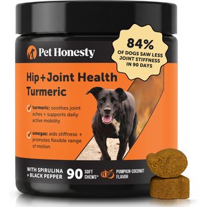 Pet Honesty Hip & Joint Health Turmeric Mobility Support with Glucosamine, Chondroitin & Omega-3s Pumpkin-Coconut Flavored Soft Chews Joint Supplement for Dogs, 90 count