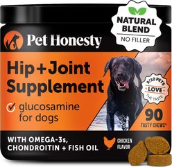 Pet Honesty Hip & Joint Supplement Chicken Flavored Glucosamine & Chondroitin with MSM, Turmeric Hip & Joint Chews for Dogs, 90 count